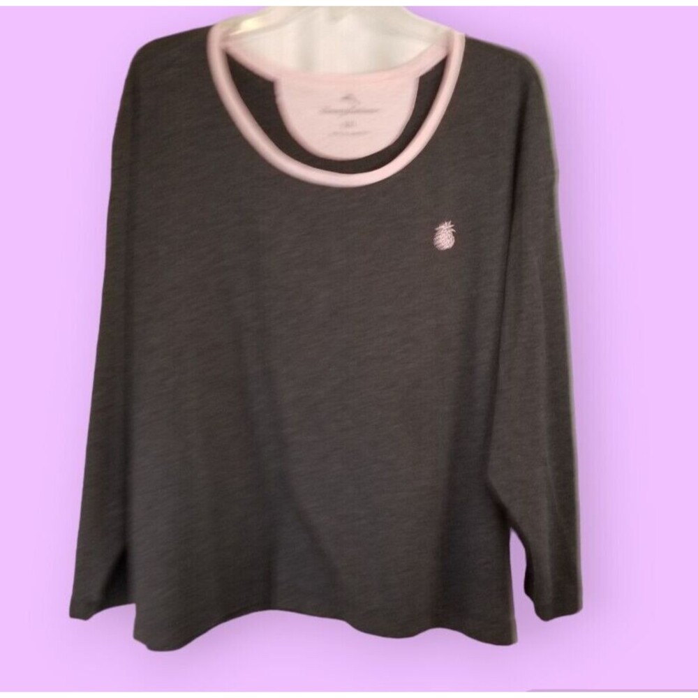 Tommy Bahama Women's Lounge Sleep Top Gray with Pink Trim & Pineapple Size XXL